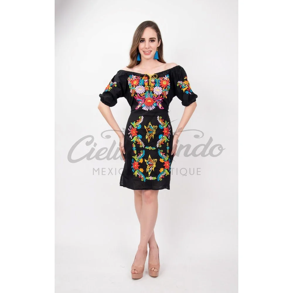 Tecali Mexican Embroidered Black Dress - Picture 2 of 7